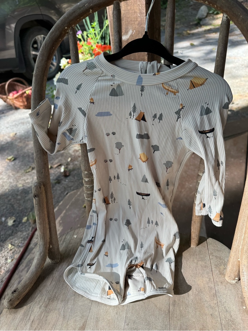Kids Long Sleeve Swim Romper in Cream with Nature Print